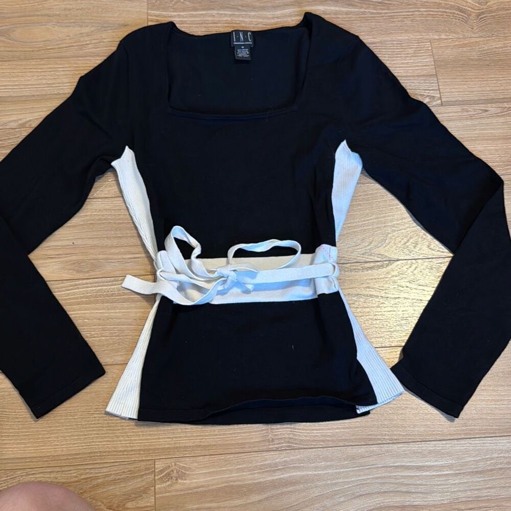inc international concepts black and white tie at the waist long sleeve top size